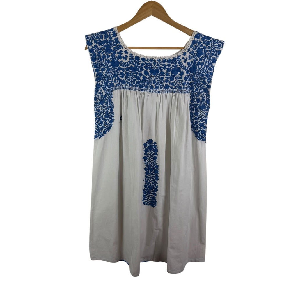 Mi Golondrina Oaxaca Blue Floral Embroidered Mini Dress Small Boho Beach Resort